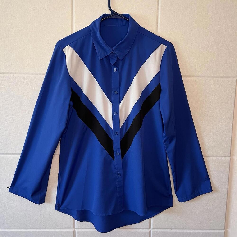 Women’s Collared, Long Sleeve Blouse, Size Medium, Royal Blue White Black Stripe